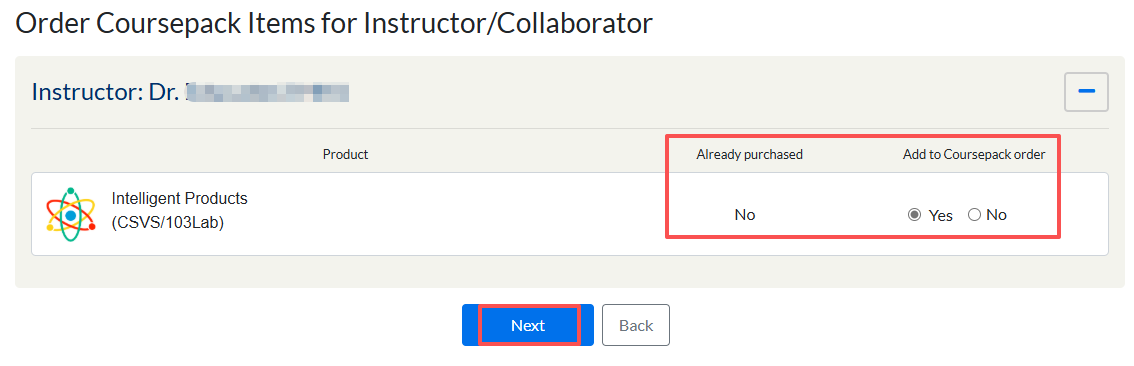 select yes to add the lab to coursepack order
